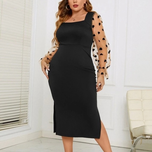 - SHEIN Modely Plus Contrast Heart Print Mesh Flounce Sleeve Split Hem D… - Picture 1 of 13